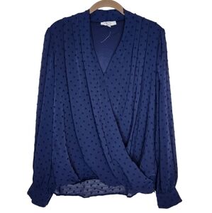 NWOT Beacon Apparel Faux Wrap Swiss Dot Navy Long Sleeve Top Size L
